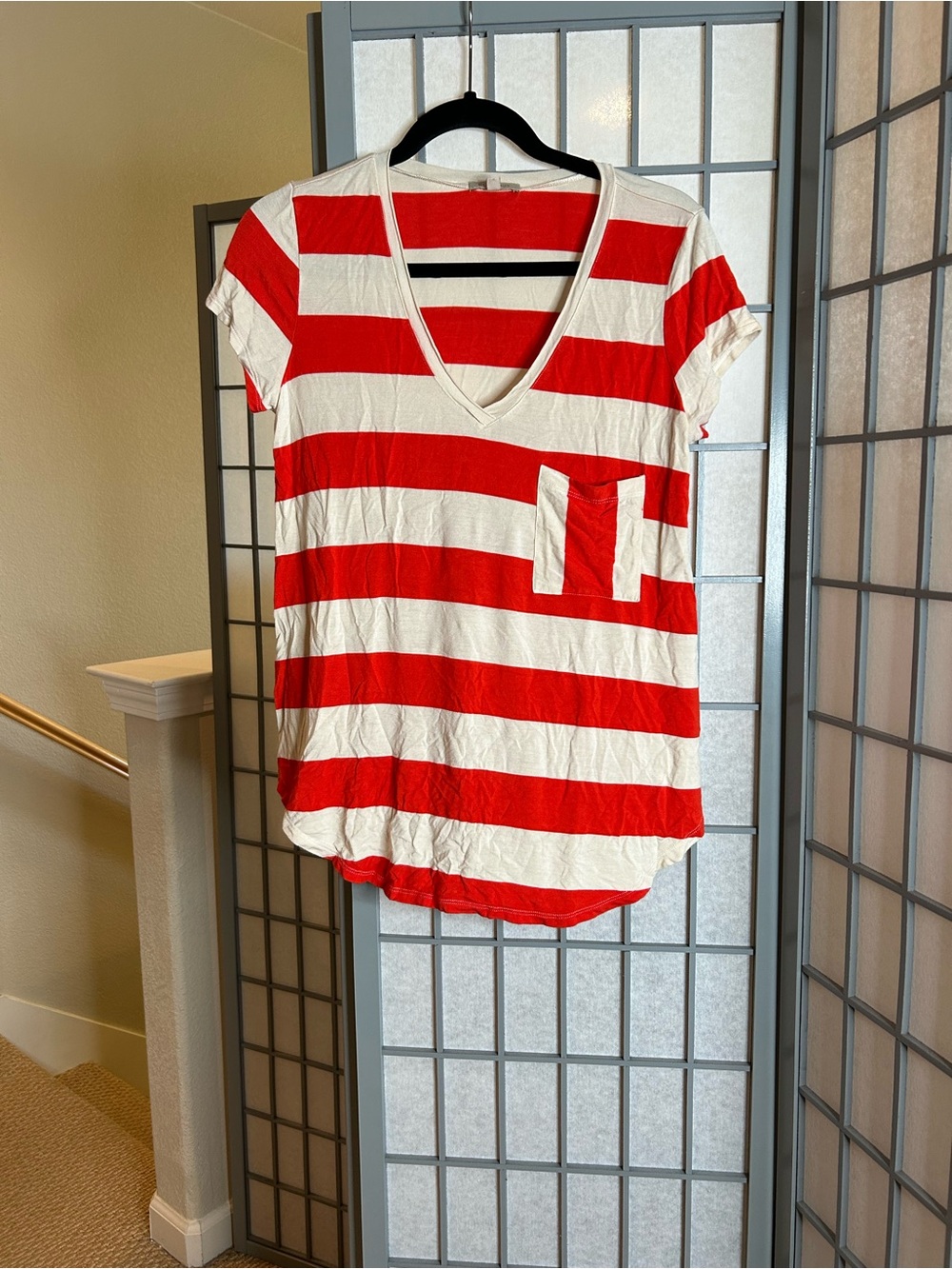Anthropologie Bordeaux Red & Cream Striped V-Neck Pocket Tee